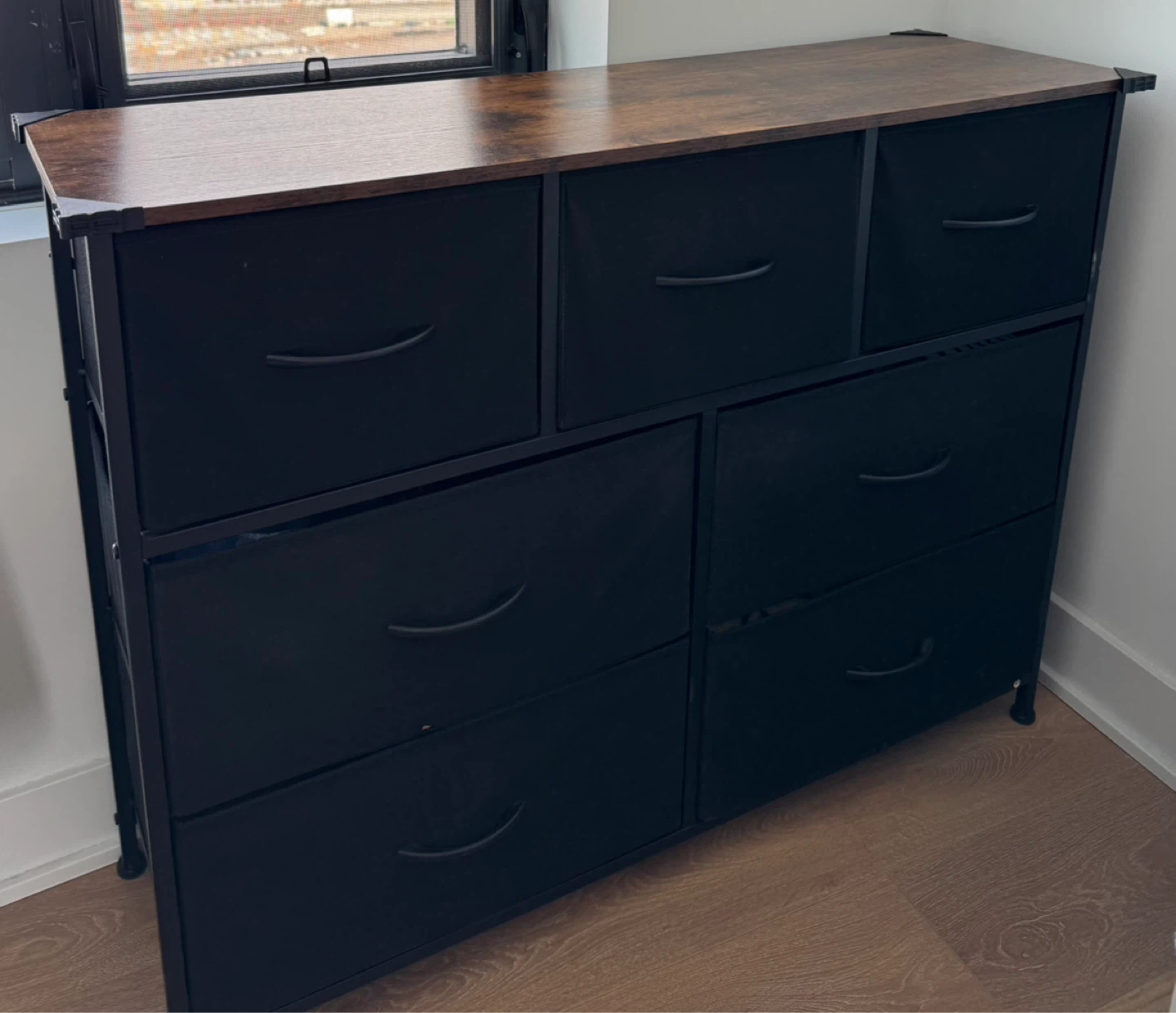 Black Fabric Drawer Dresser with Wood Top