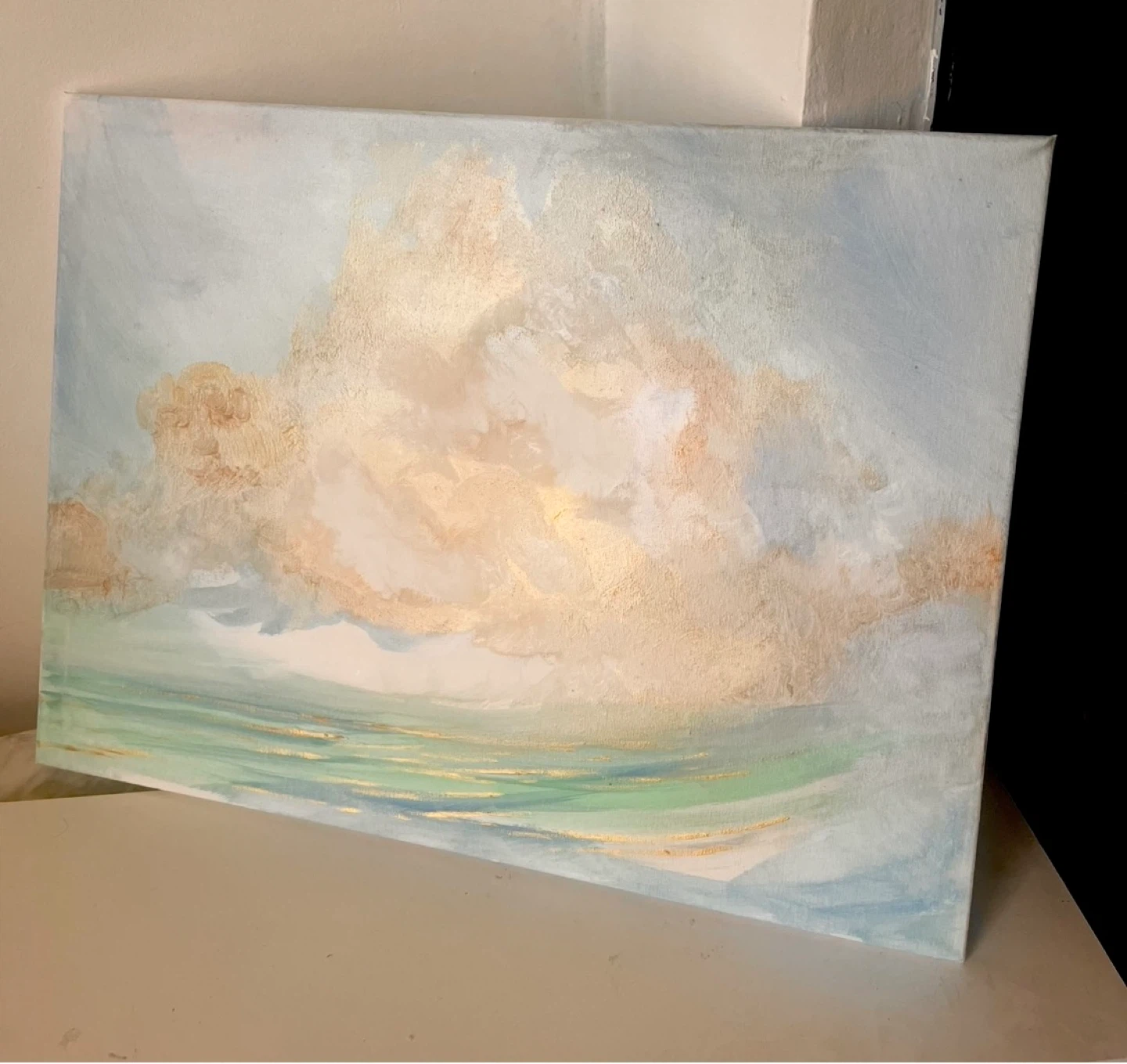 Original Landscape Painting - Cloudy Sky and Ocean