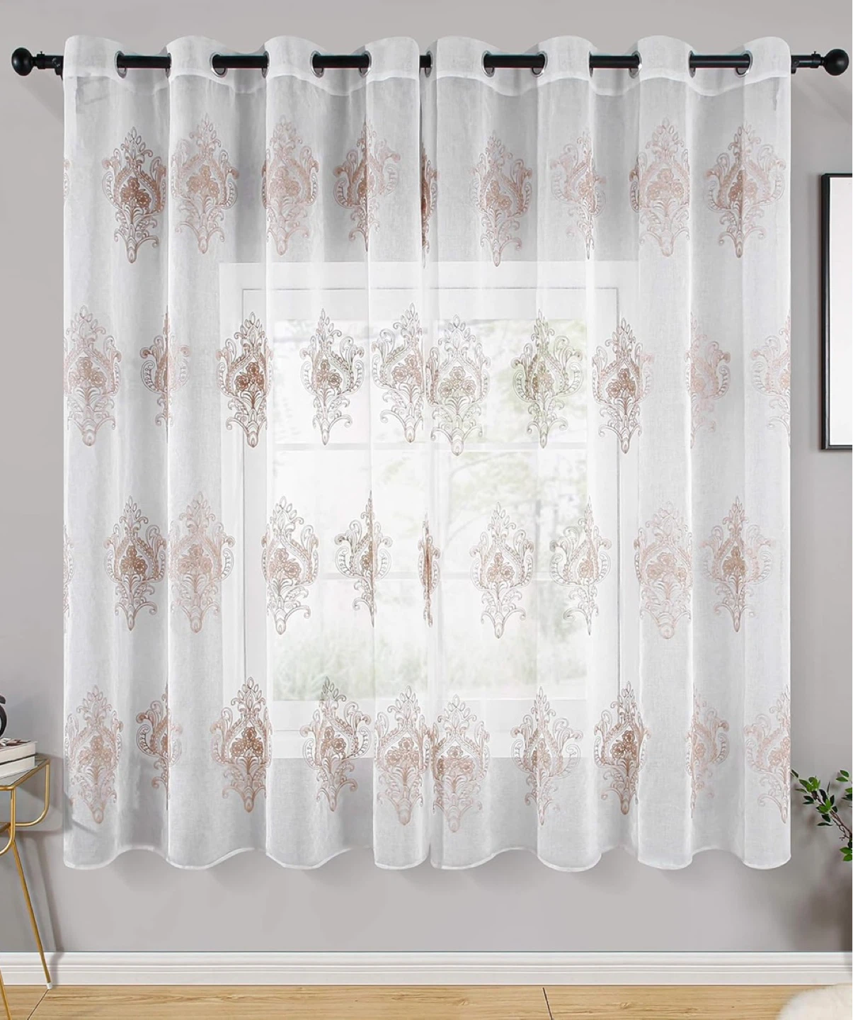 White Sheer Curtains with Light Coffee Damask Pattern