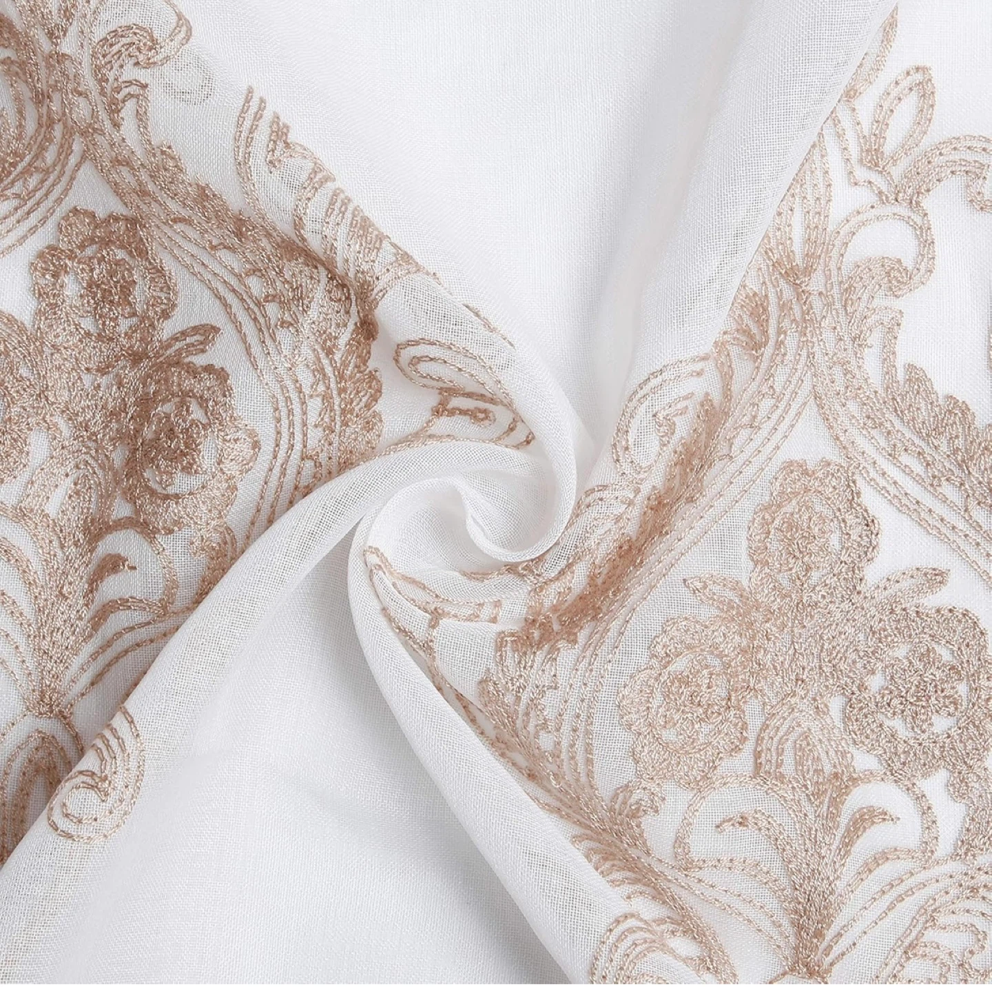 White Sheer Curtains with Light Coffee Damask Pattern - photo 2