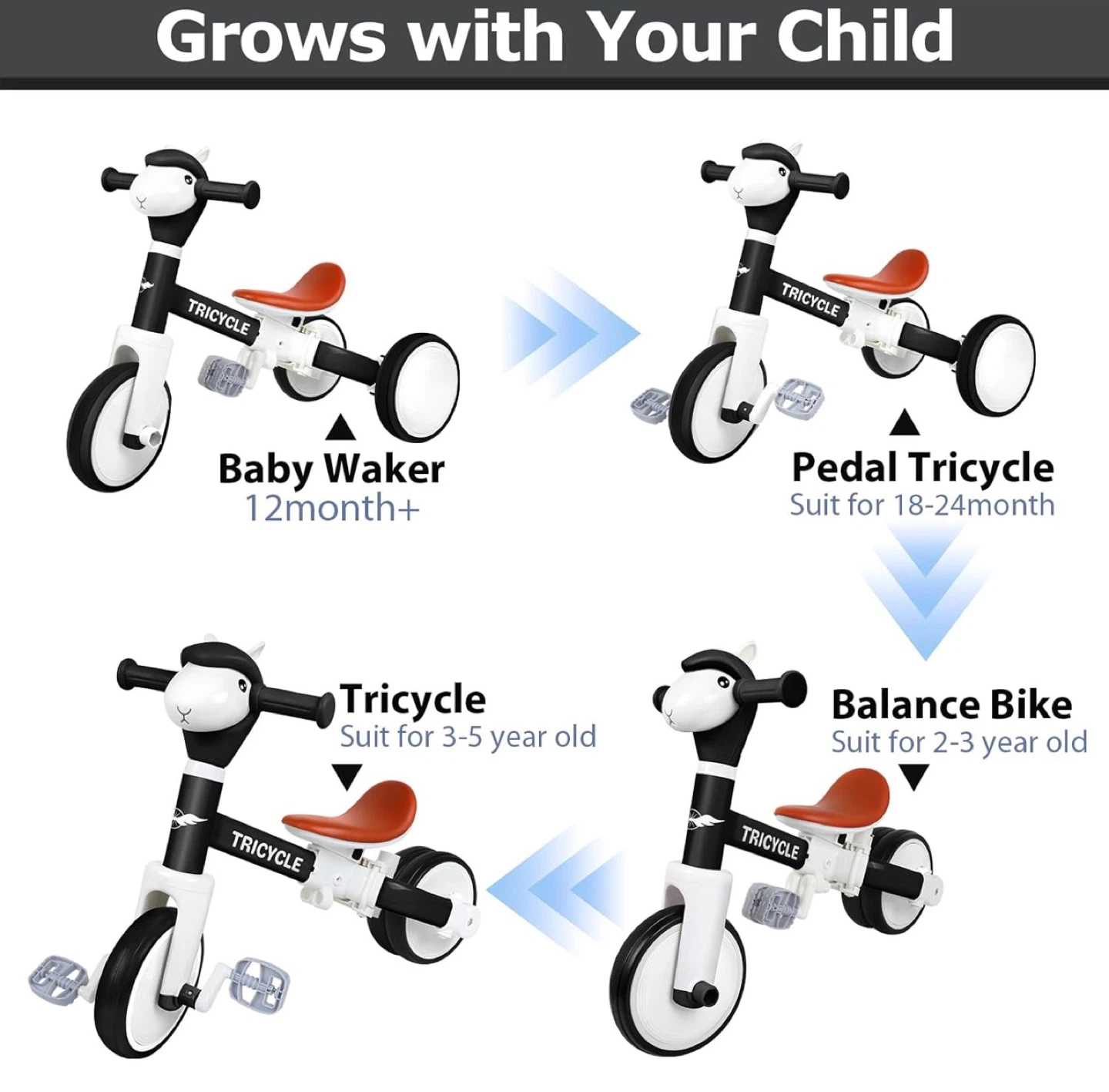 3-in-1 Kids Tricycle, Balance Bike, Baby Walker - Black/Brown - photo 3