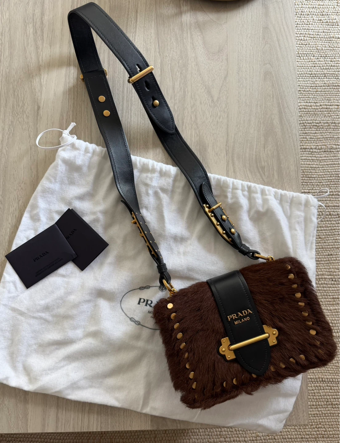 Prada Fur & Leather Studded Shoulder Bag
