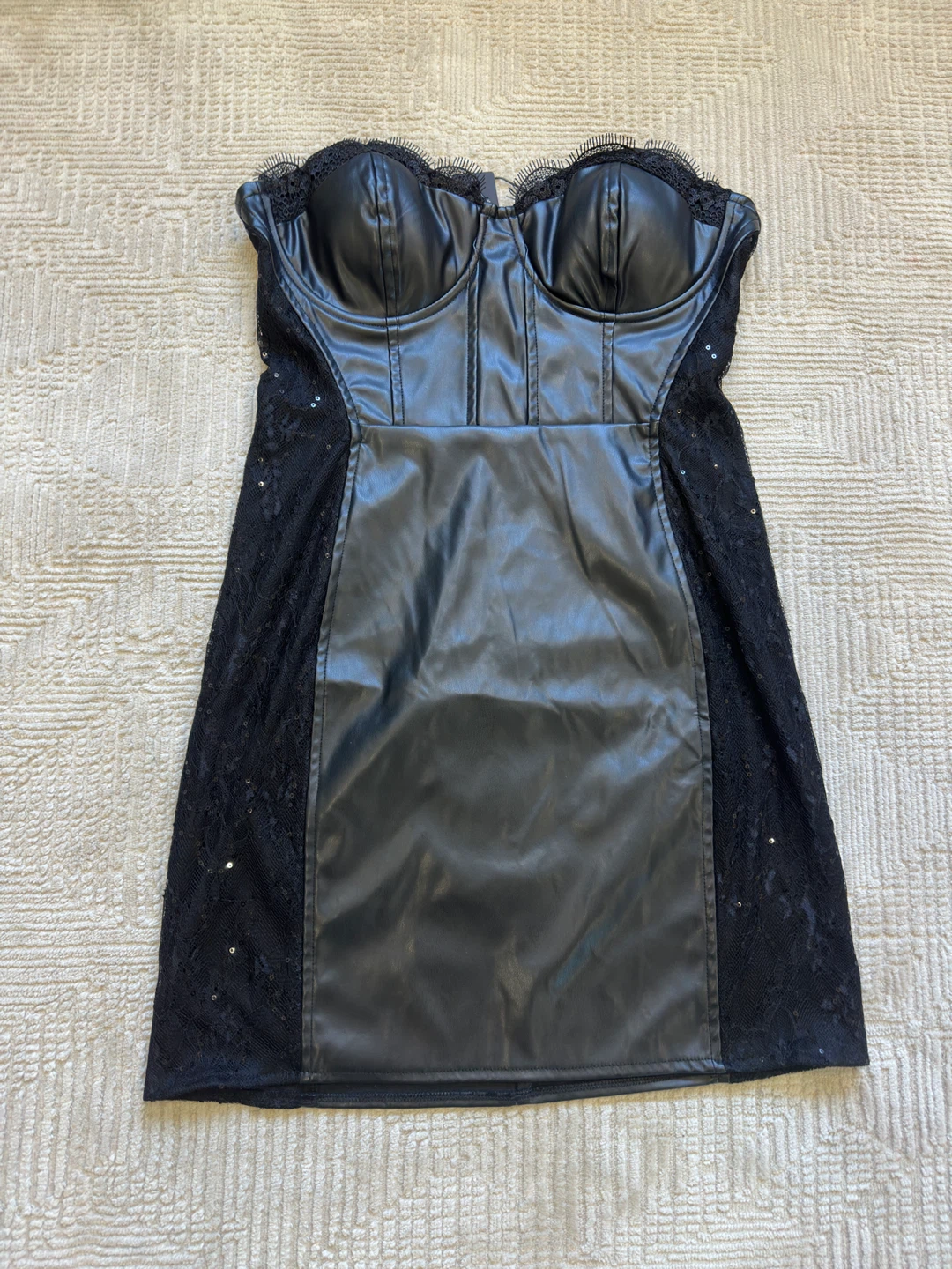 New Fashion Nova strapless faux leather and lace dress