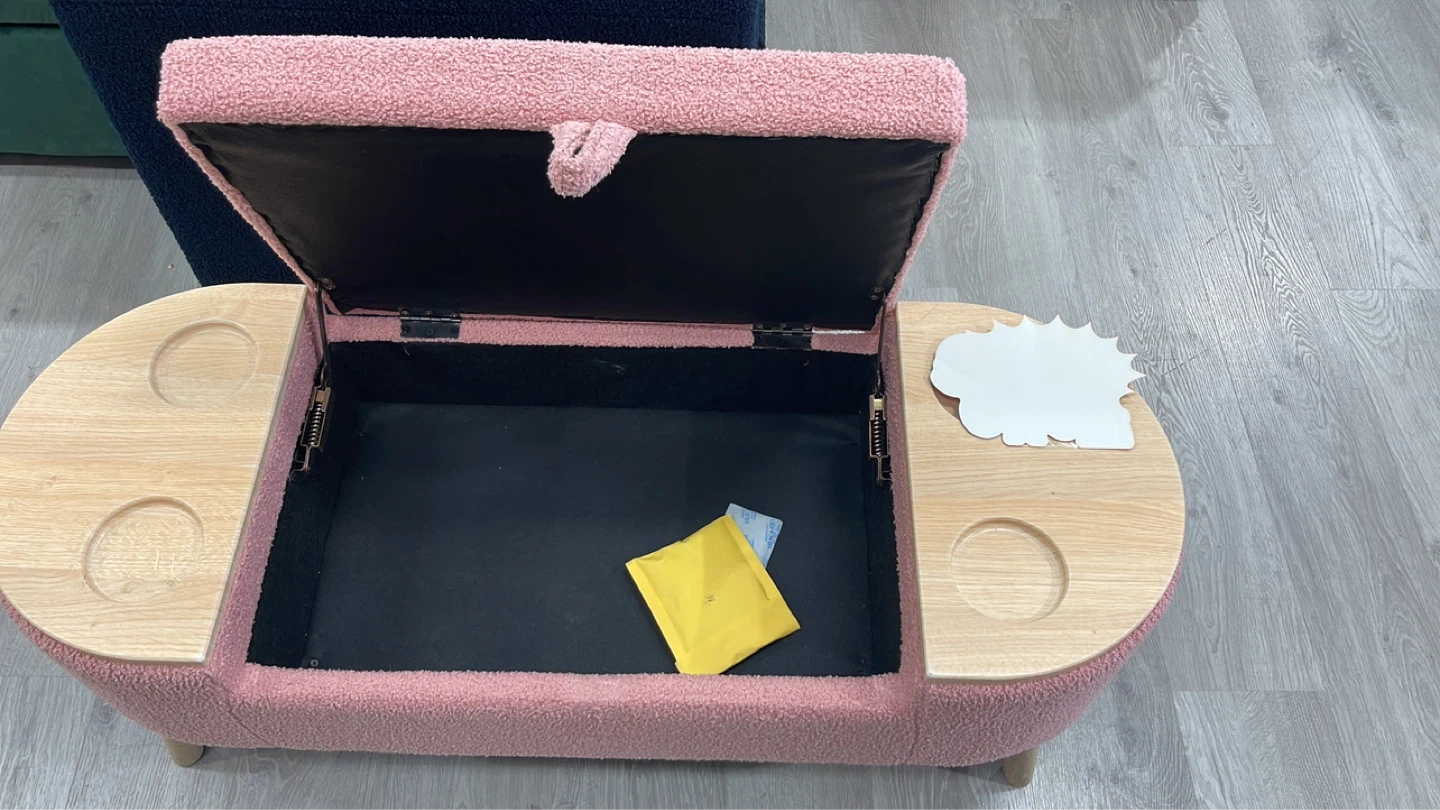 Pink Bouclé Storage Ottoman Bench with Cup Holders - photo 3