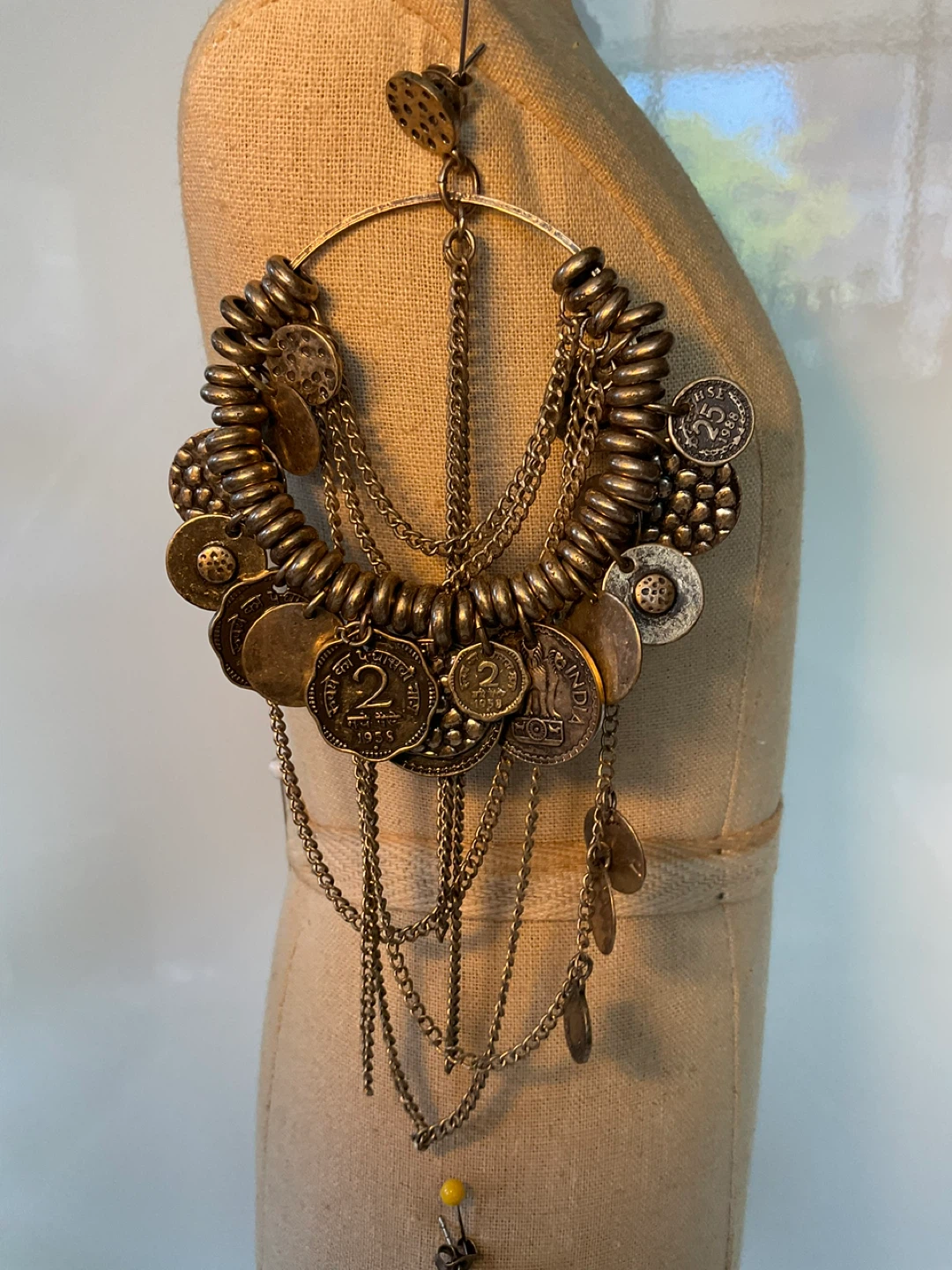 Vintage Large Gold Tone Bohemian Coin Charm Hoop Earrings