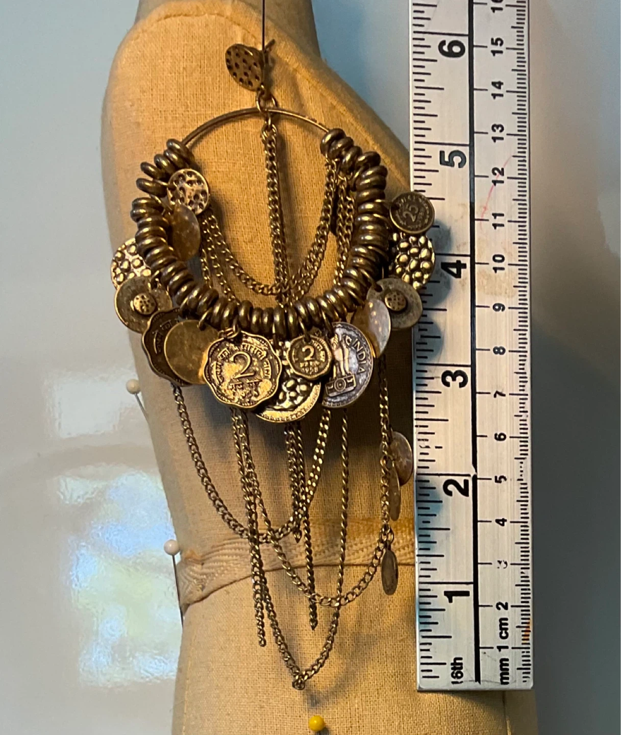Vintage Large Gold Tone Bohemian Coin Charm Hoop Earrings - photo 4