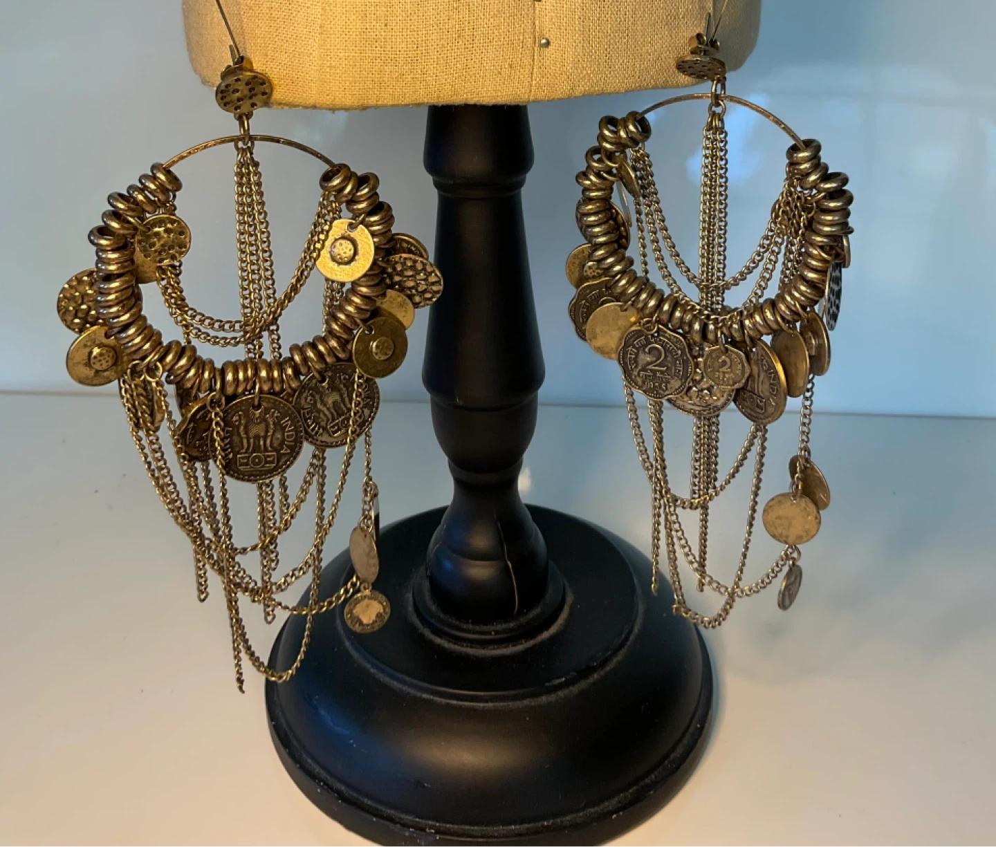 Vintage Large Gold Tone Bohemian Coin Charm Hoop Earrings - photo 2