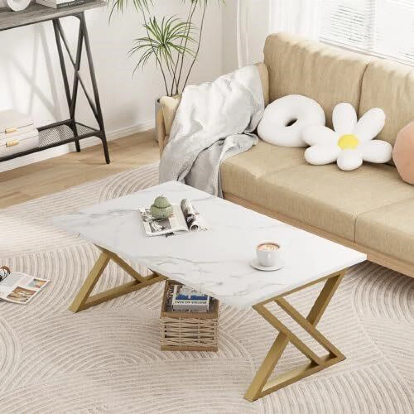 Marble Look Coffee Table with Gold X-Legs - photo 2