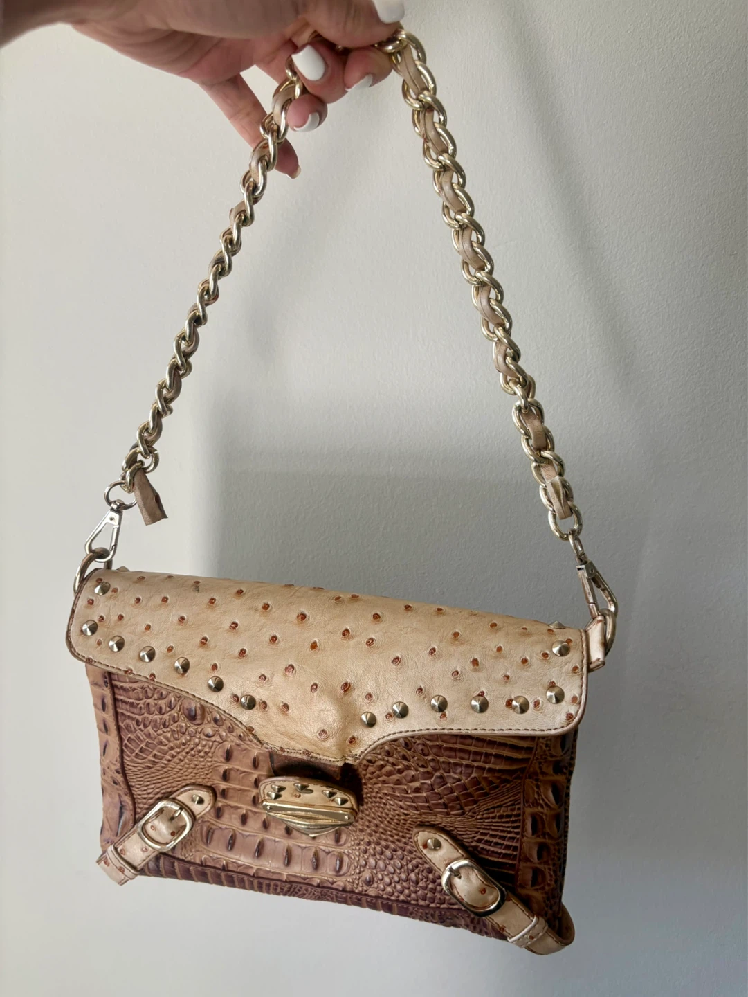 Brown Faux Croc & Ostrich Texture Shoulder Bag - photo 2