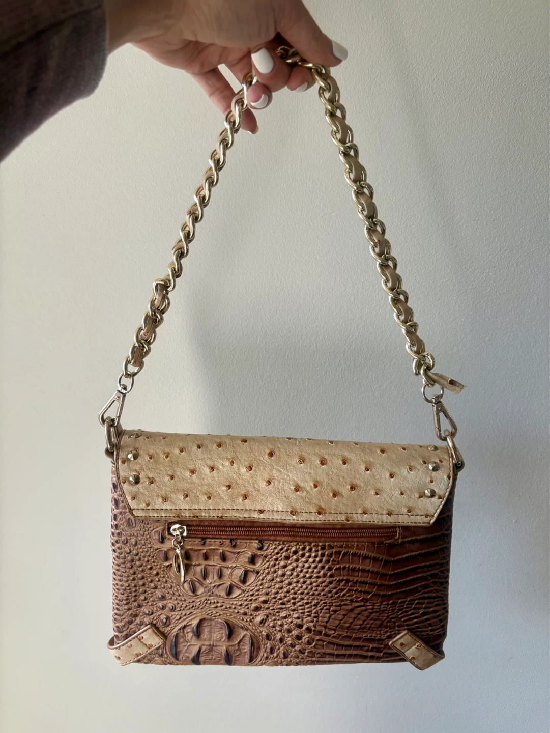 Brown Faux Croc & Ostrich Texture Shoulder Bag - photo 3