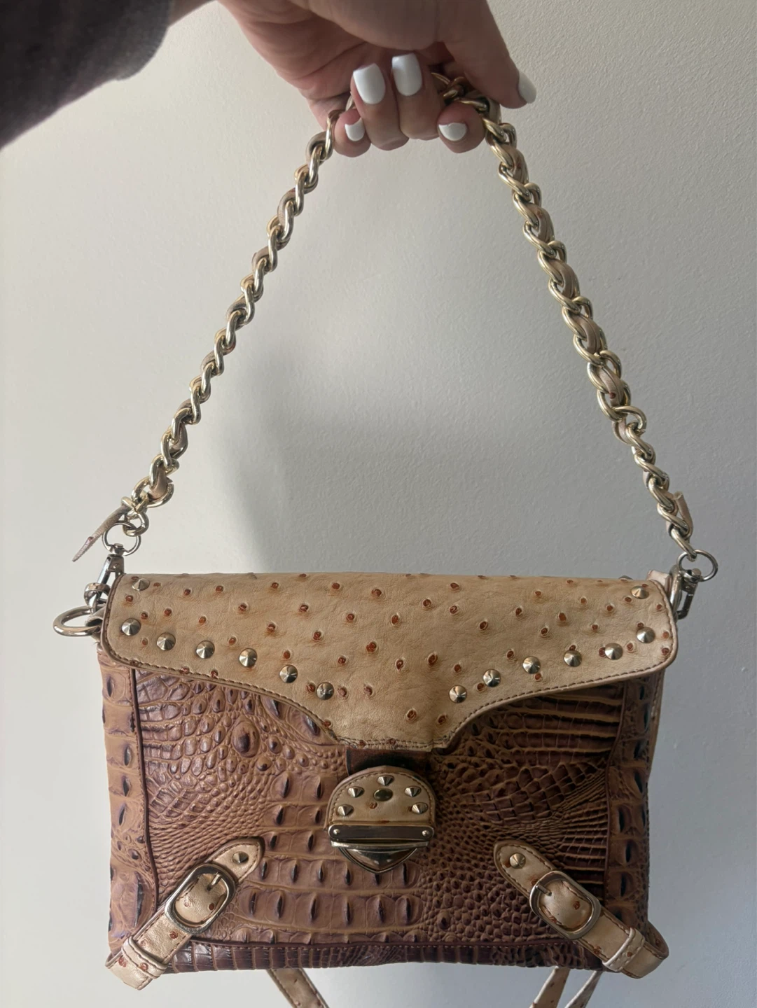 Brown Faux Croc & Ostrich Texture Shoulder Bag