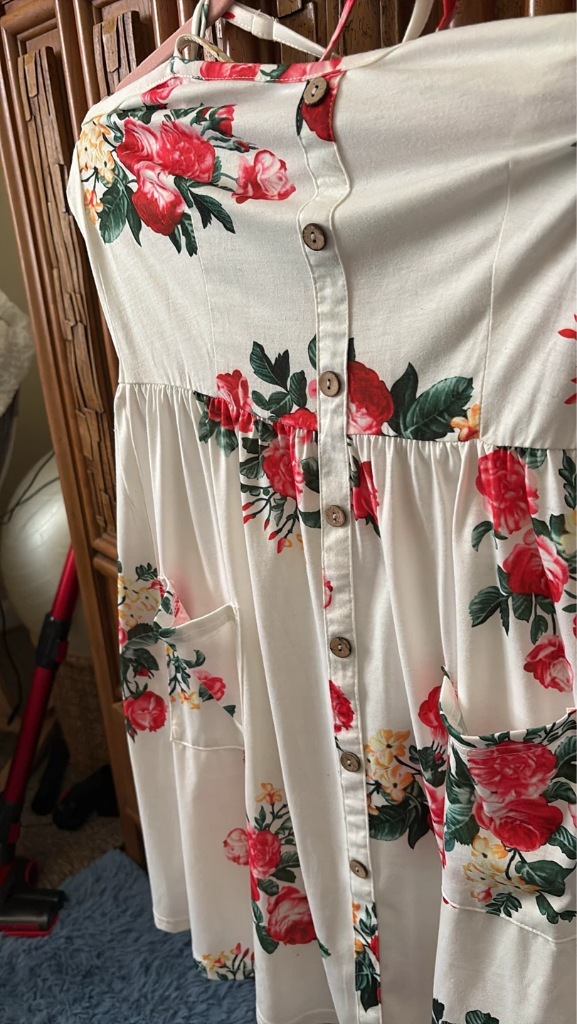 White Floral Button-Up Dress with Pockets