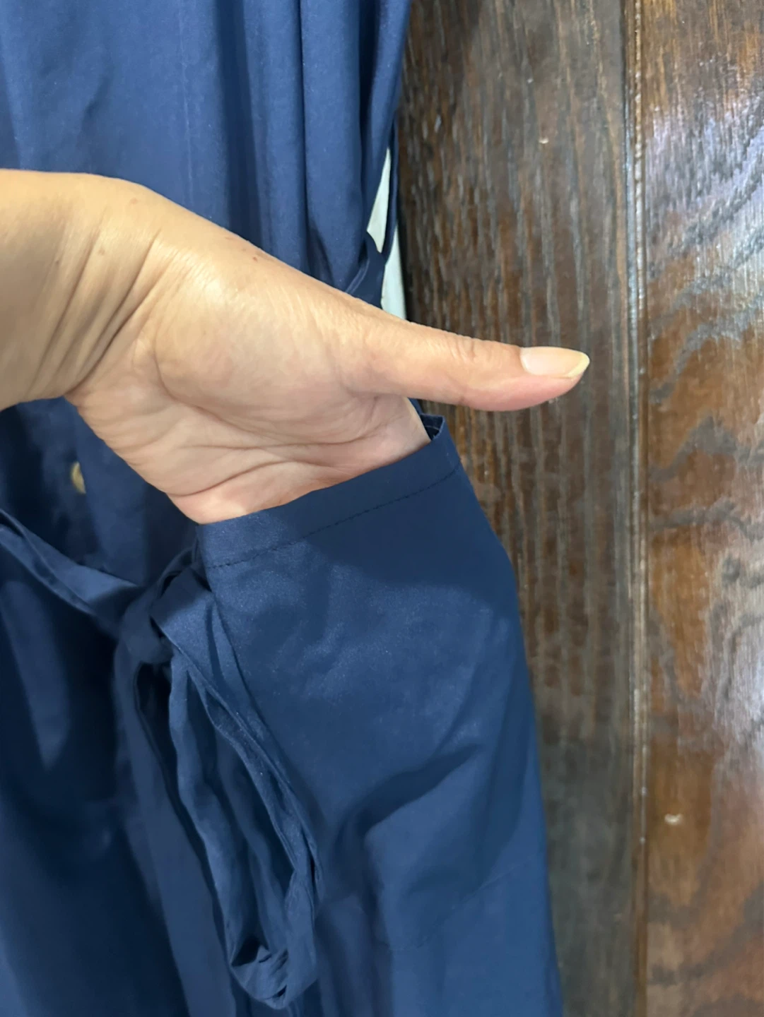 Ruffled Navy Midi Dress with Button Front and Waist Tie - photo 3