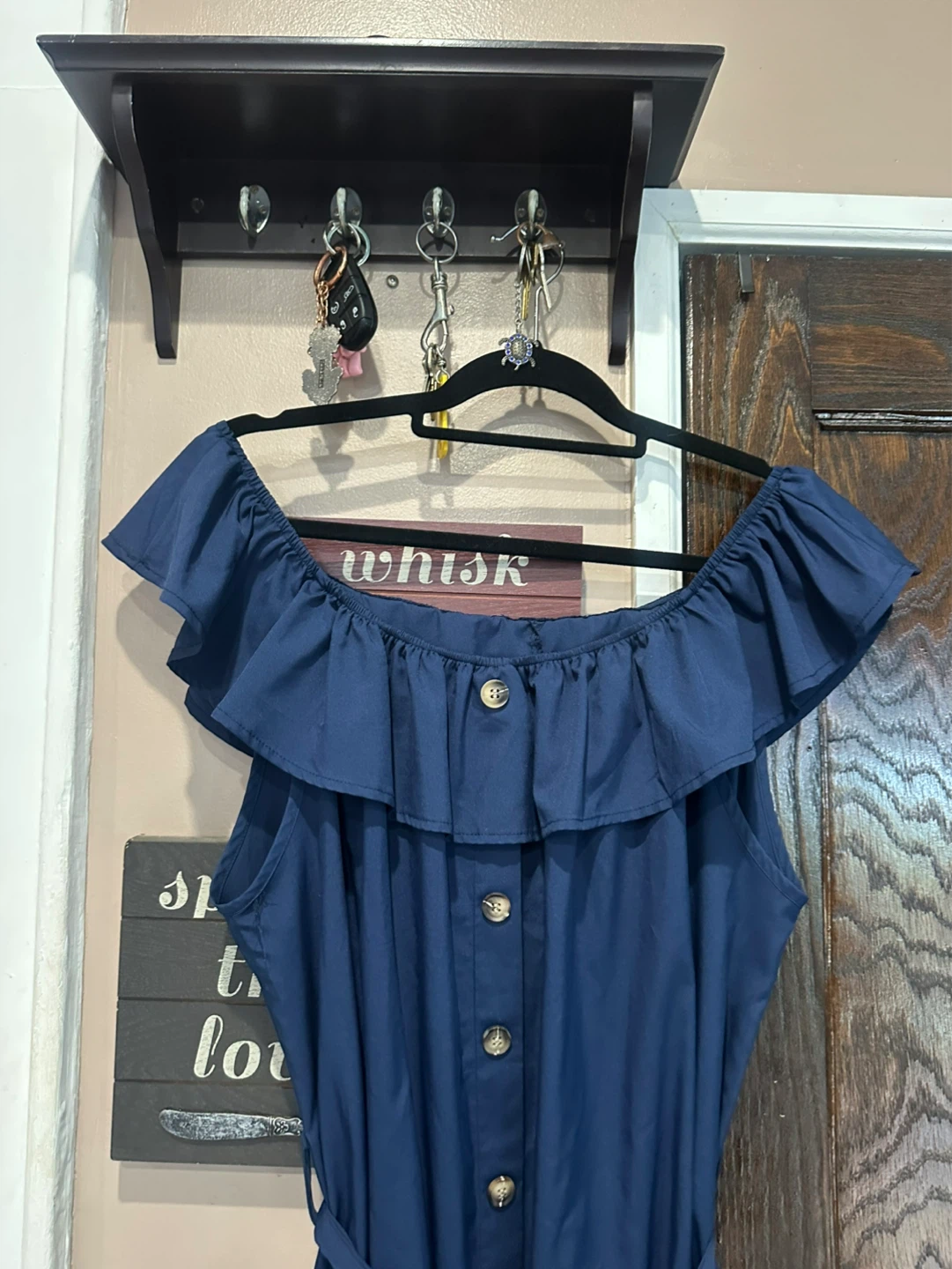 Ruffled Navy Midi Dress with Button Front and Waist Tie - photo 4
