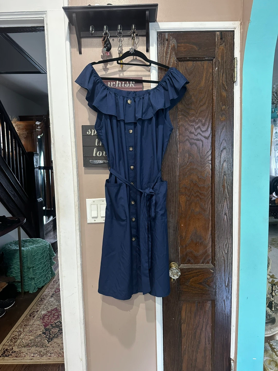 Ruffled Navy Midi Dress with Button Front and Waist Tie