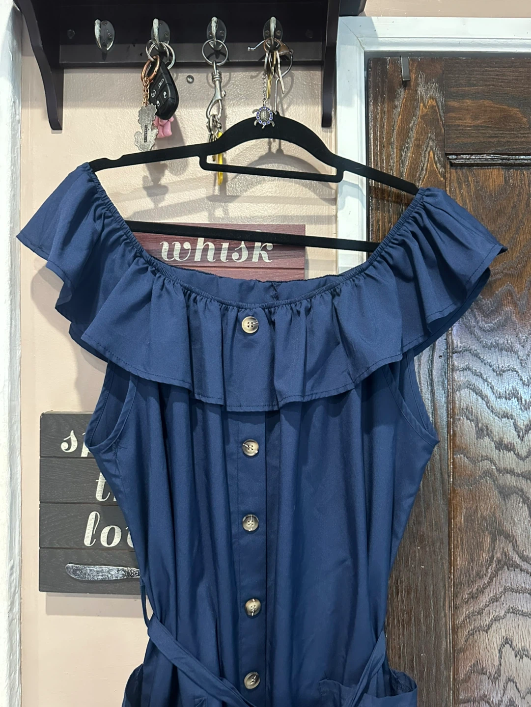Ruffled Navy Midi Dress with Button Front and Waist Tie - photo 2