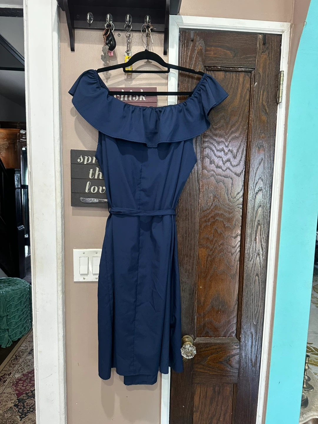 Ruffled Navy Midi Dress with Button Front and Waist Tie - photo 5