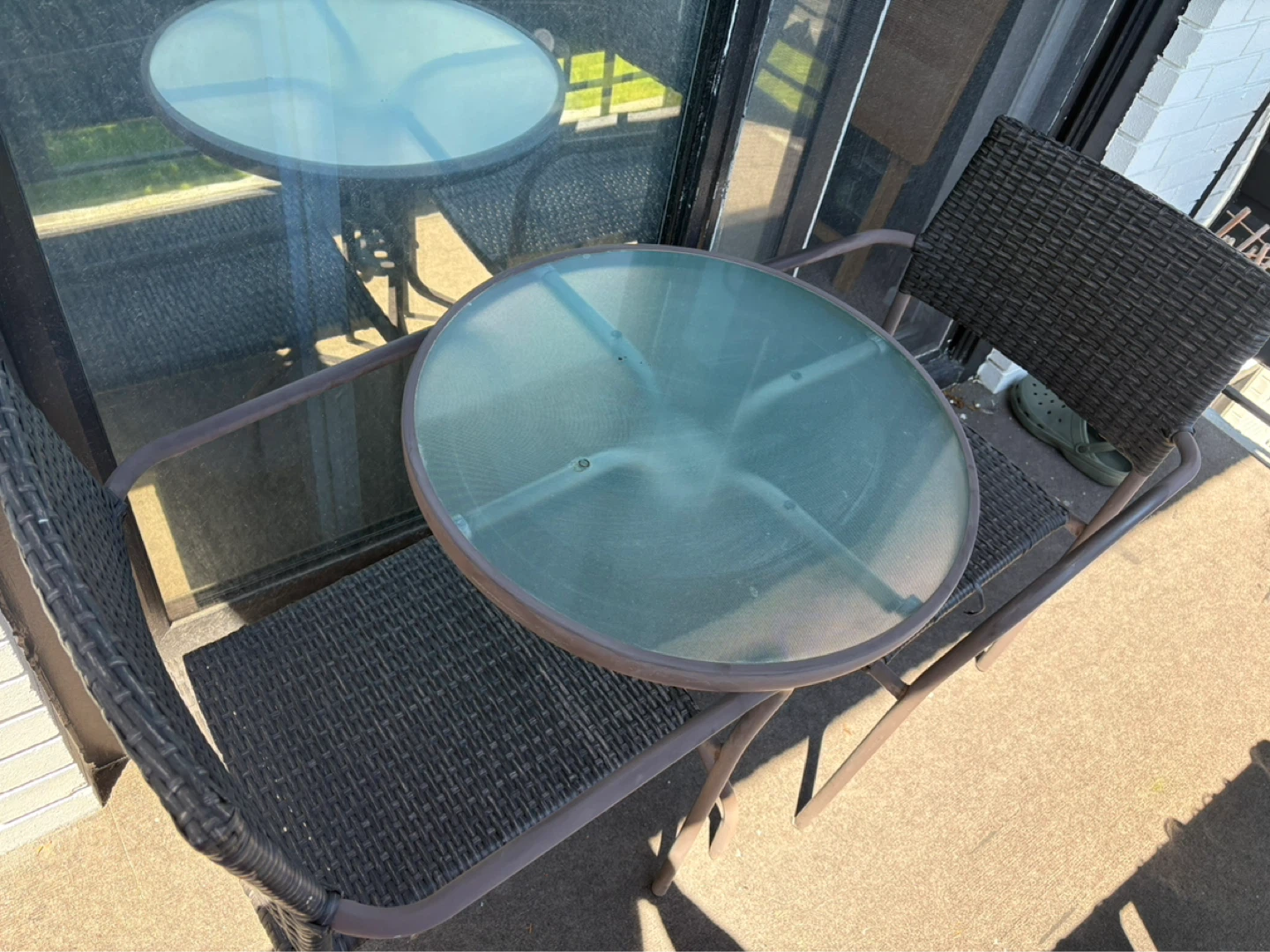 Glass Top Patio Table with Wicker Chairs