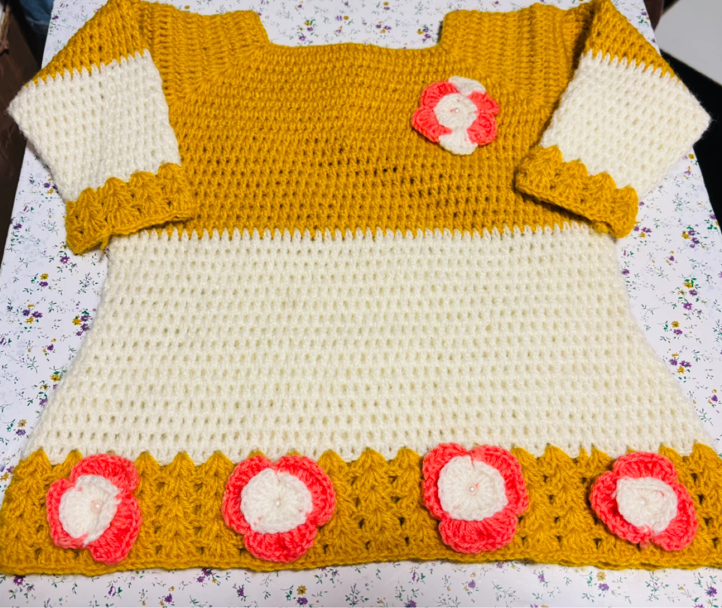 Handmade Crochet Girl Sweater Dress Yellow White
