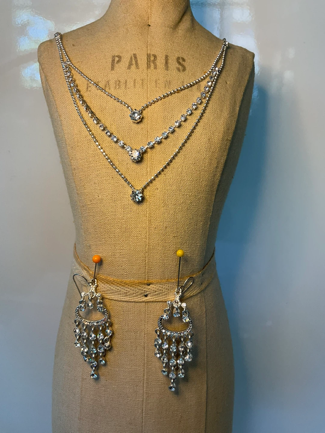 Silver tone rhinestone necklace and earring set
