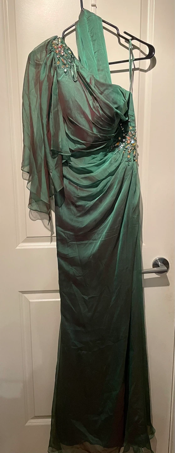 Women's Green Beaded One-Shoulder Gown