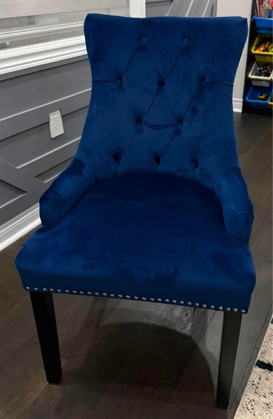 Blue Velvet Dining Chairs with Silver Ring Accent