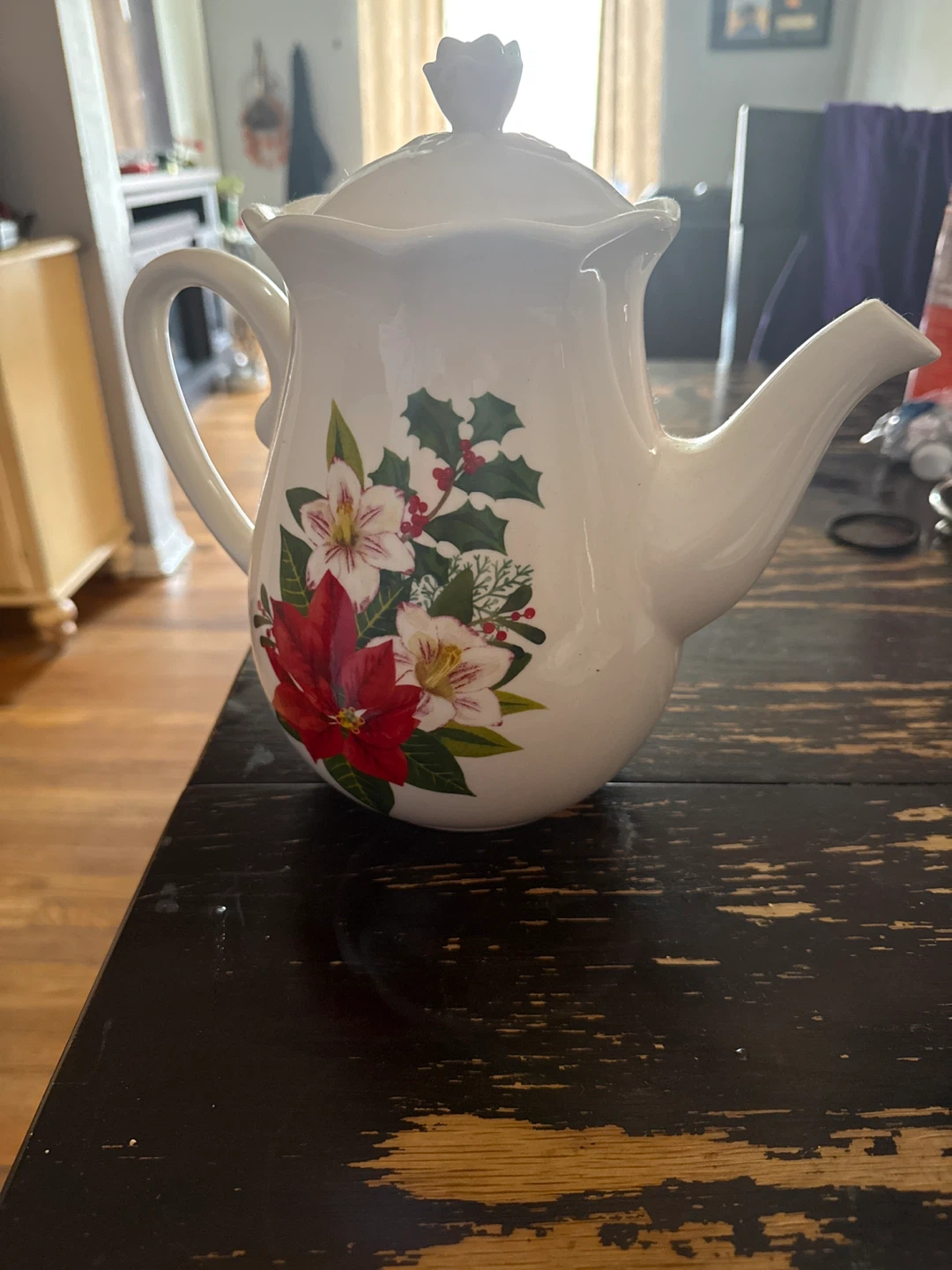 White Teapot with Poinsettia and Holly Design