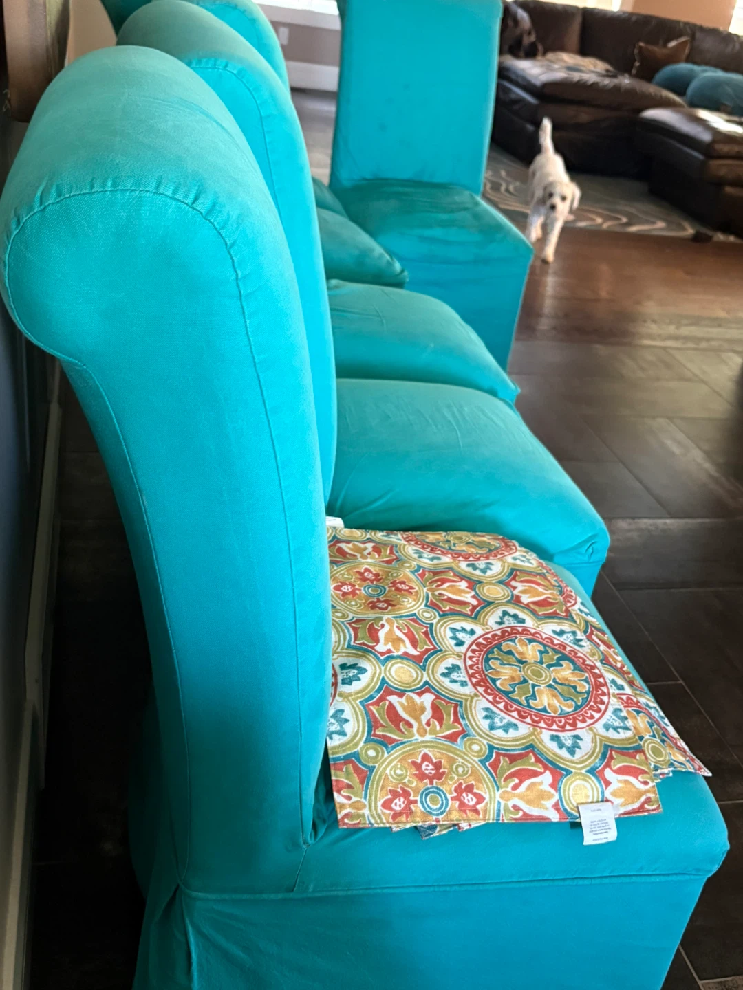 Set of 8 Teal Dining Chairs with Pink Accent Ottoman - photo 2