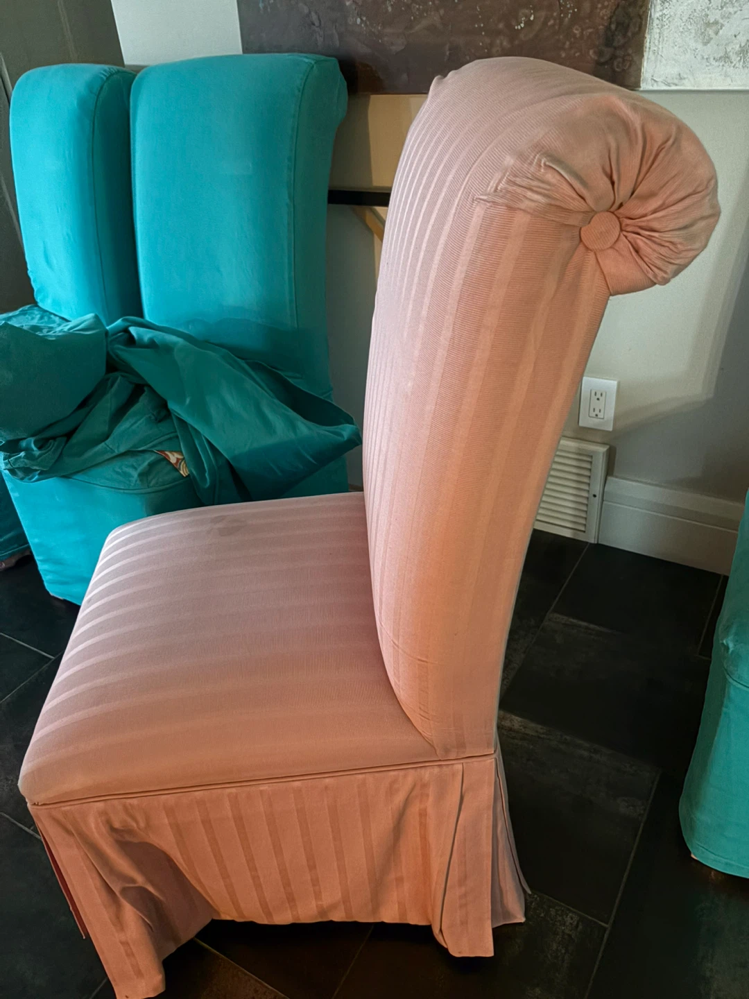 Set of 8 Teal Dining Chairs with Pink Accent Ottoman - photo 4