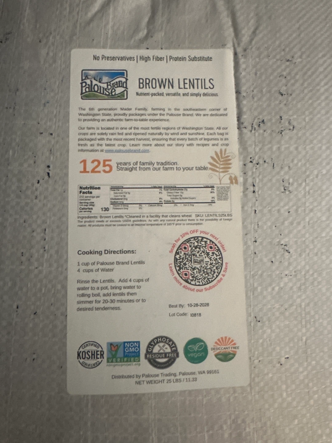Palouse Brand Brown Lentils - 25 lbs
