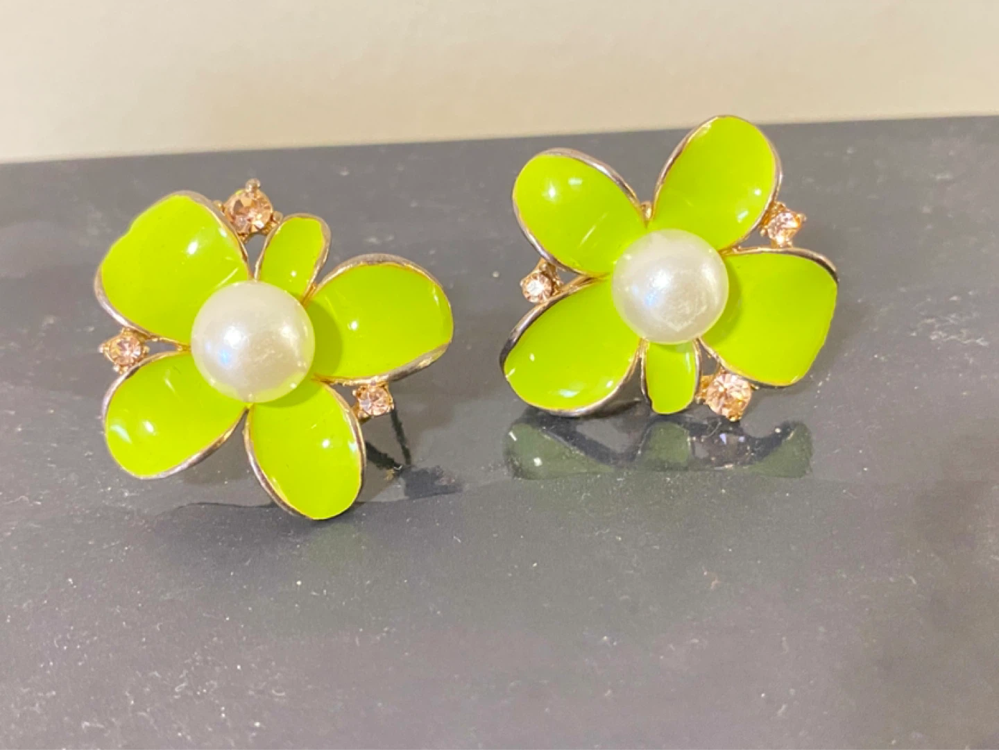 Lime Green Flower Earrings with Pearl Center