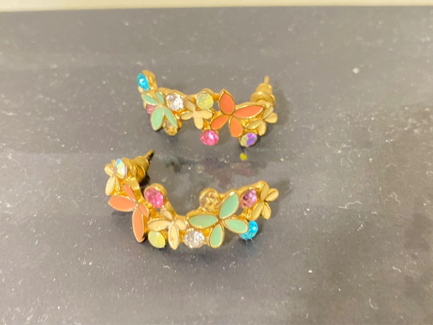 Gold-tone Flower Stud Earrings with Coloured Gems