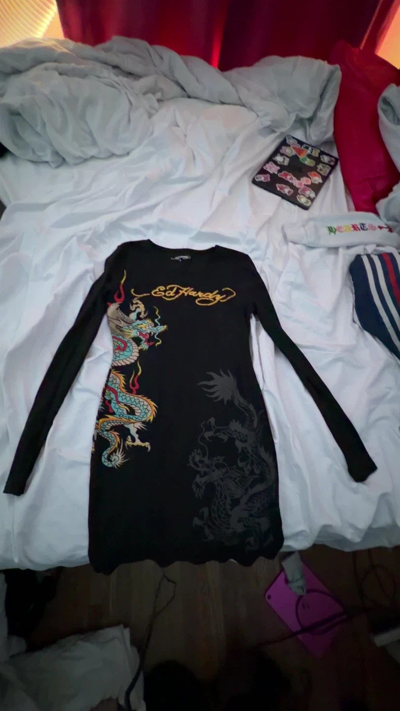 Ed Hardy Black Dragon Print Long Sleeve Dress Size L