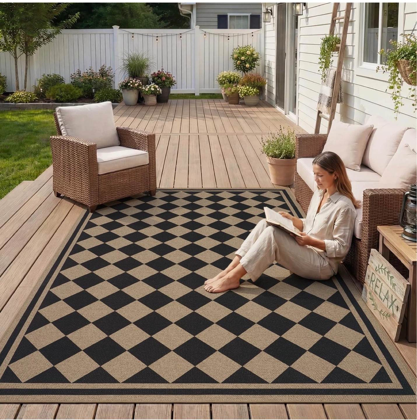 Black and Tan Diamond Pattern Area Rug