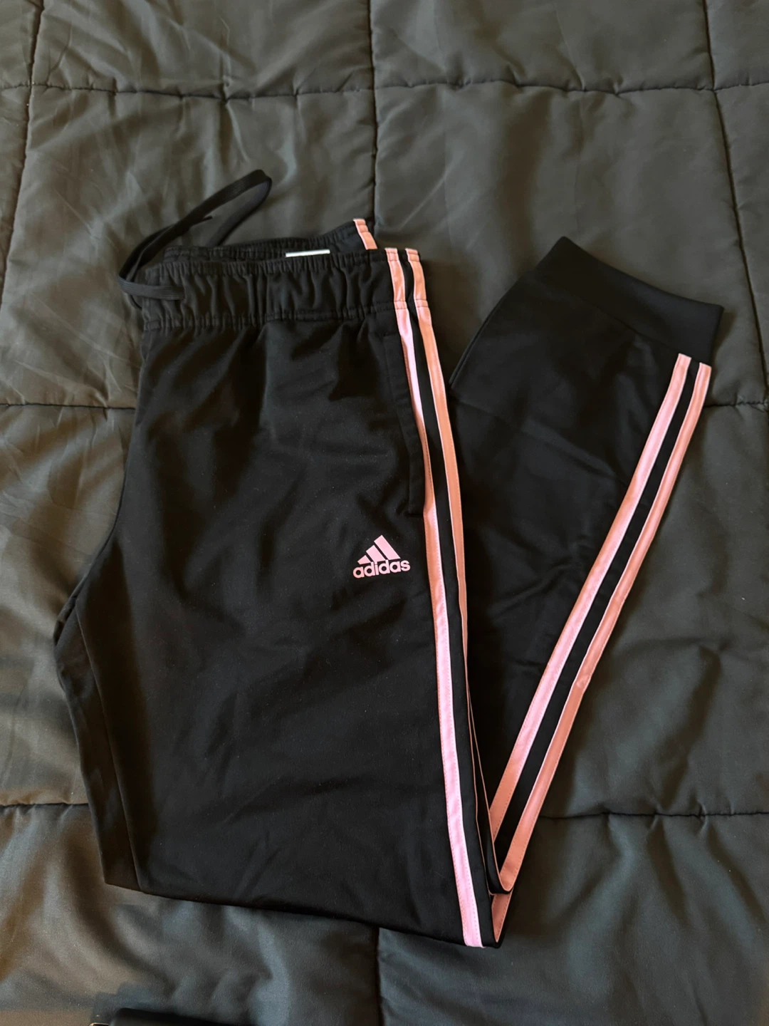 Adidas Black Track Pants with Pink Stripes
