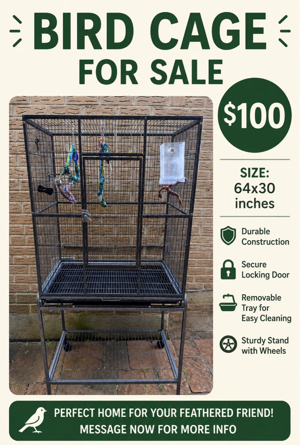 Large Bird Cage for Sale - 64x30 inches