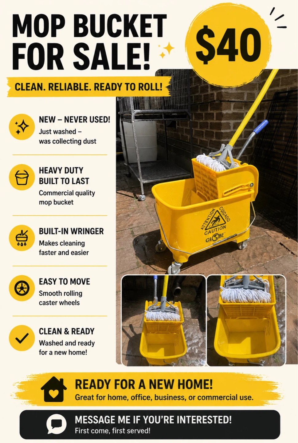 New Yellow Mop Bucket with Wringer - Commercial Quality
