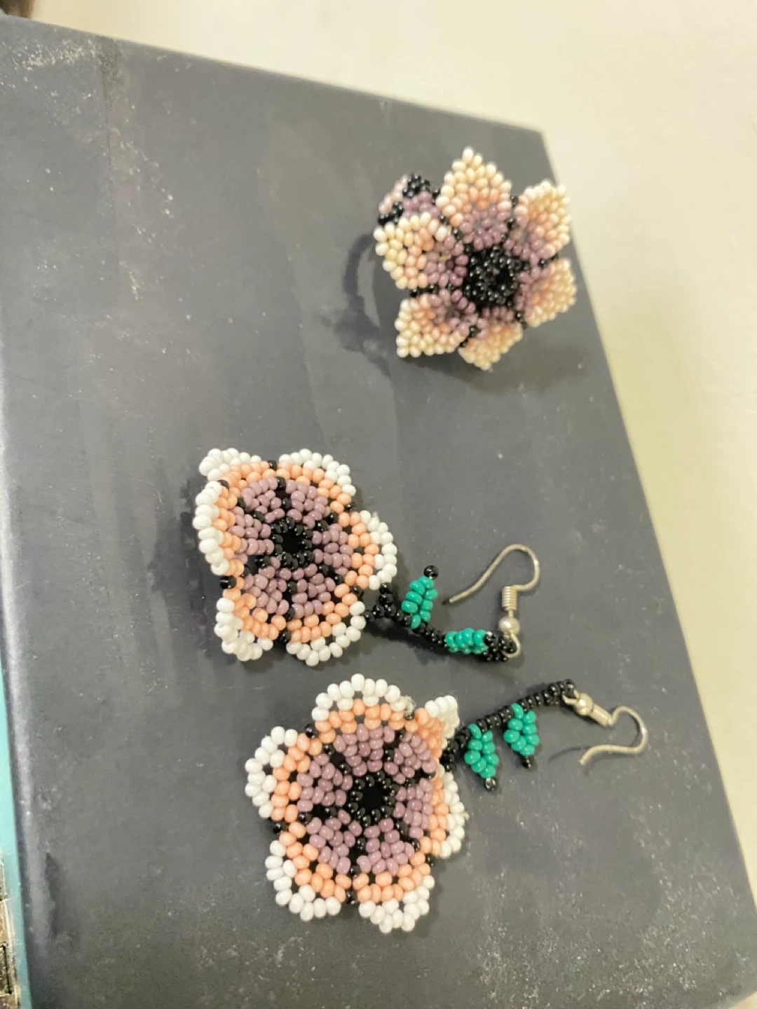 Beaded Flower Ring and Earrings Set