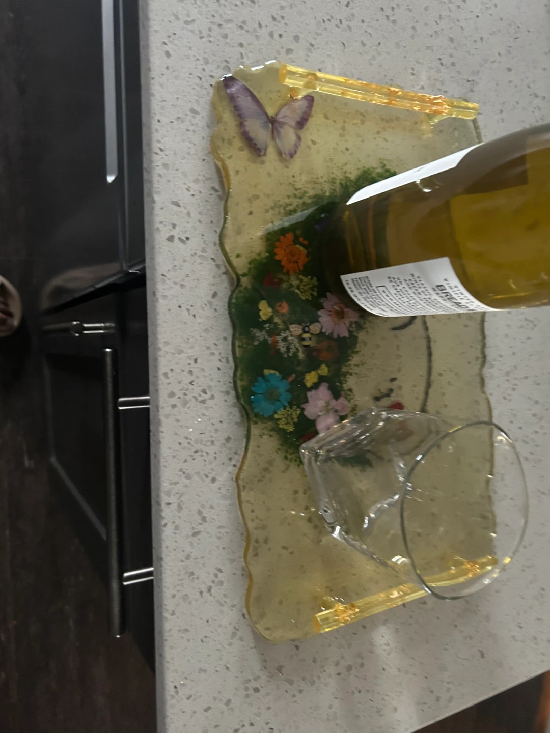 Resin tray with dried flowers and butterfly design