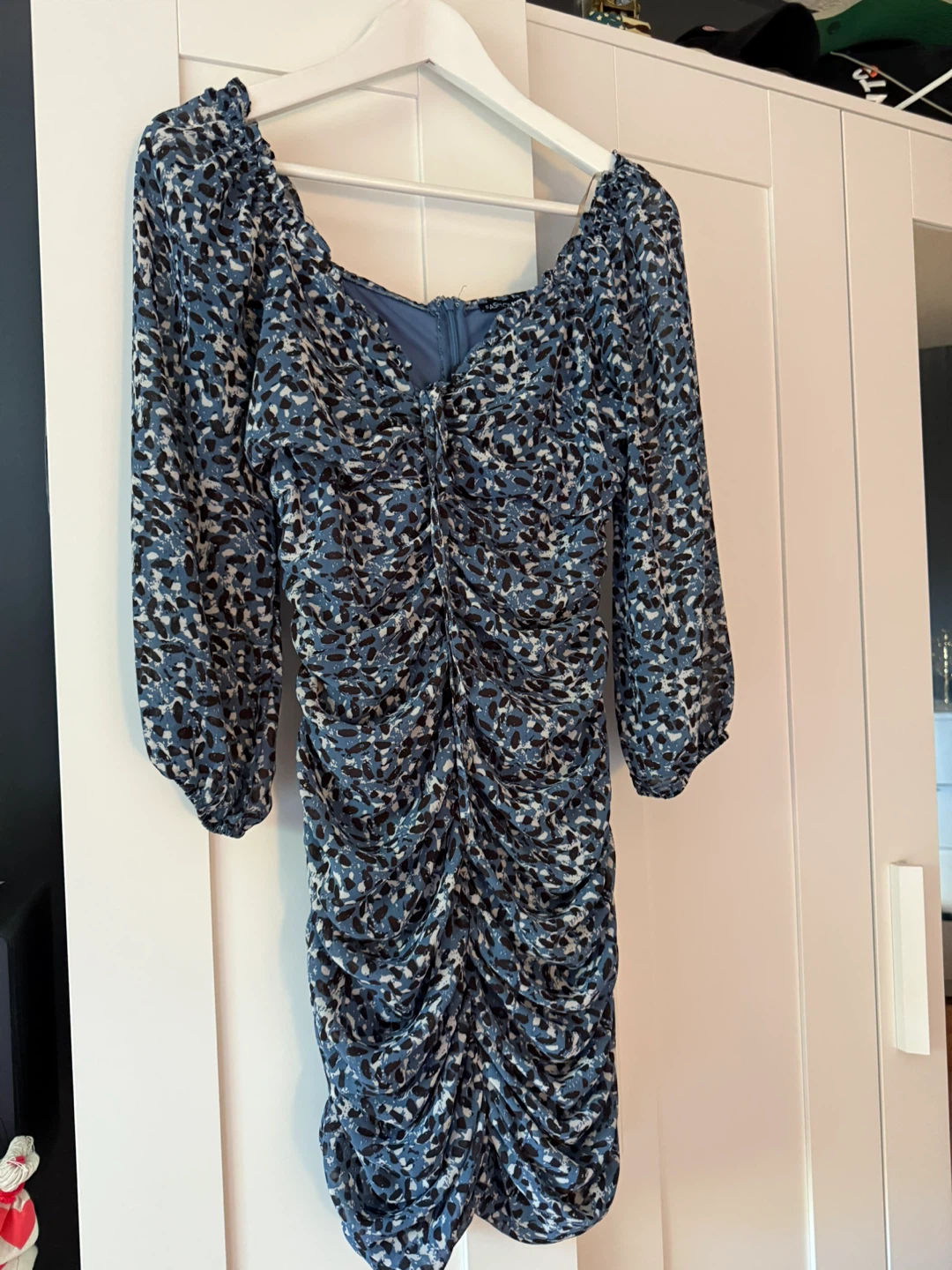 Blue Ruched Leopard Print Mini Dress