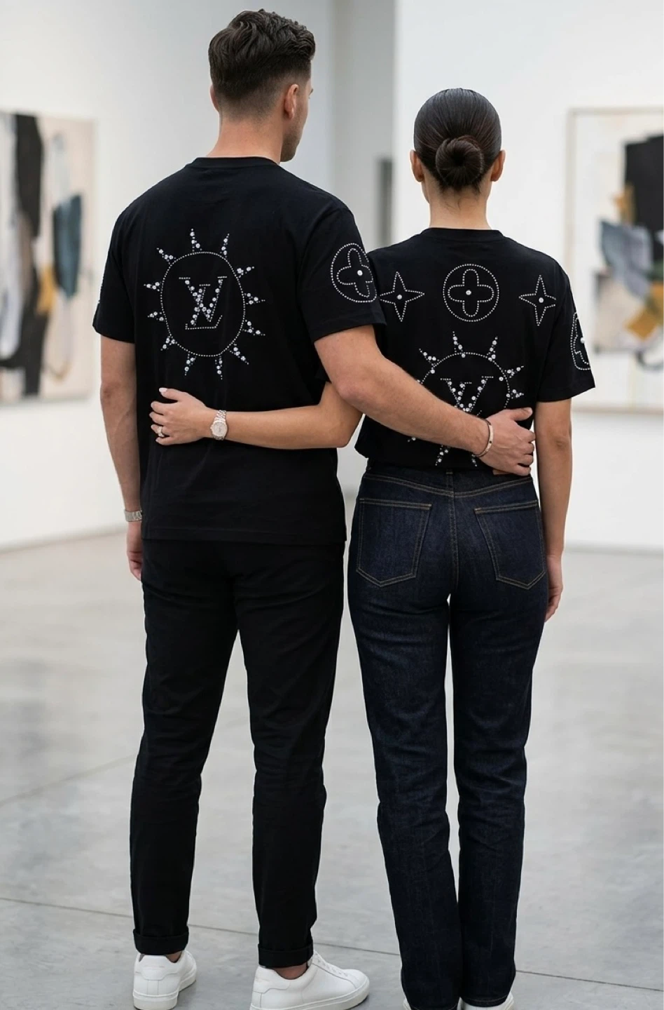 Louis Vuitton Style Rhinestone & Pearl Back shirts for couples.