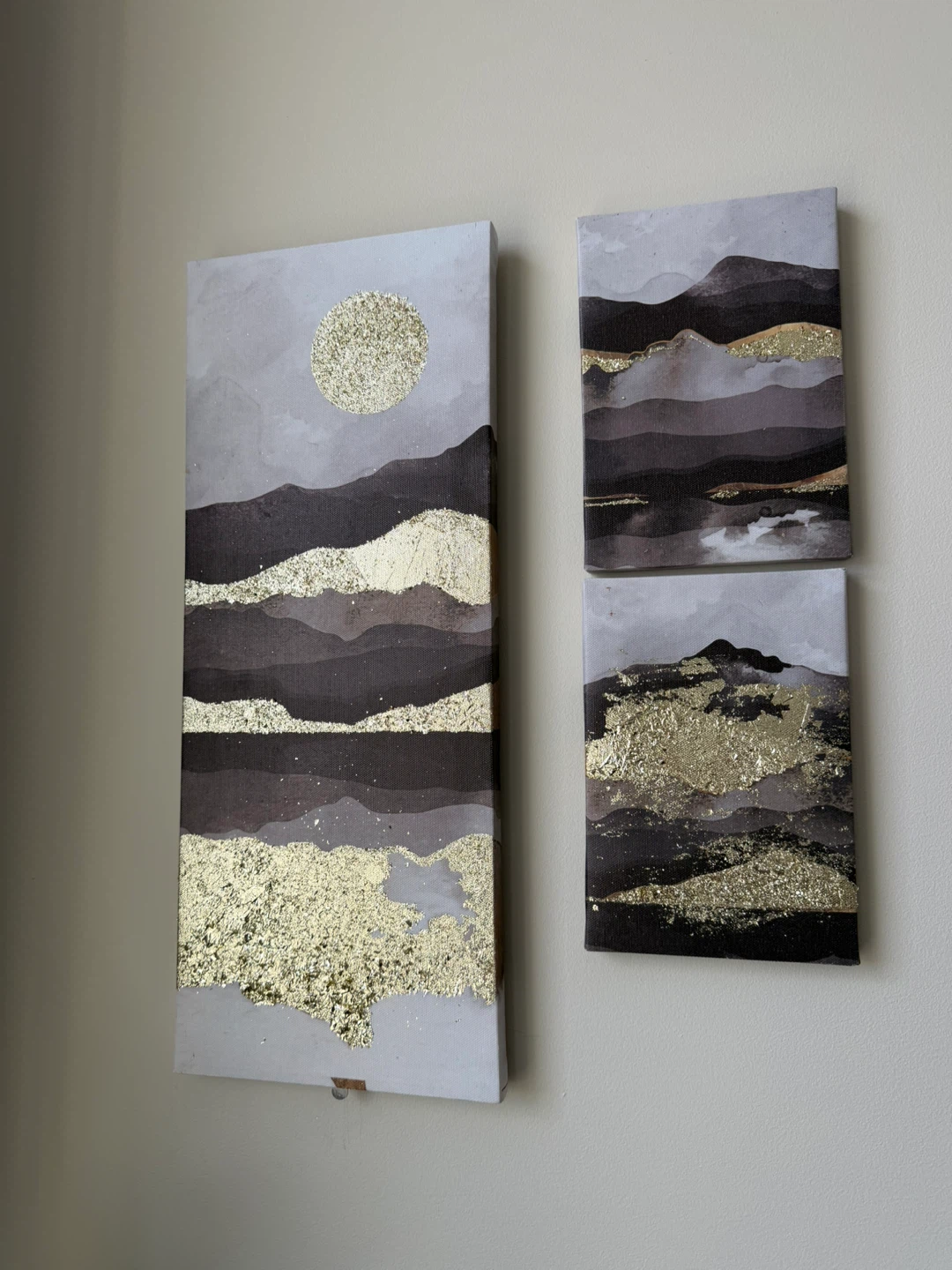 Set of 3 Abstract Landscape Canvas Art with Gold Glitter