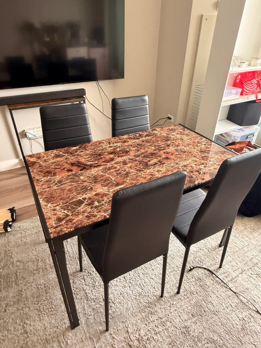 Marble glass top Dining Table and 4 cushioned Chairs Set