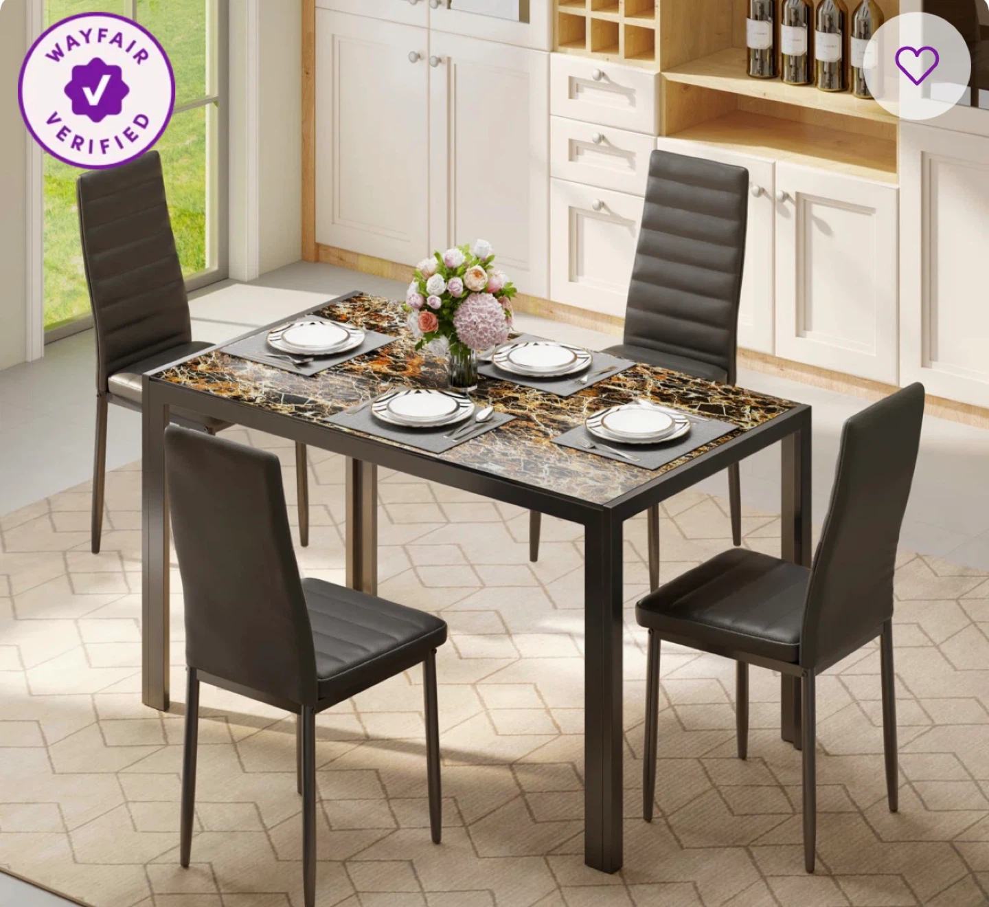 Marble glass top Dining Table and 4 cushioned Chairs Set - photo 2