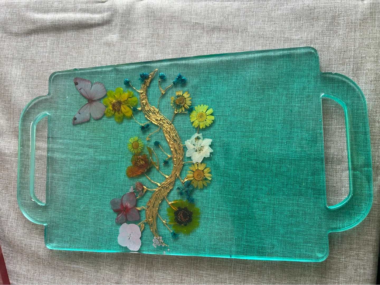 Decorative Resin Serving Tray with Flowers and Butterfly