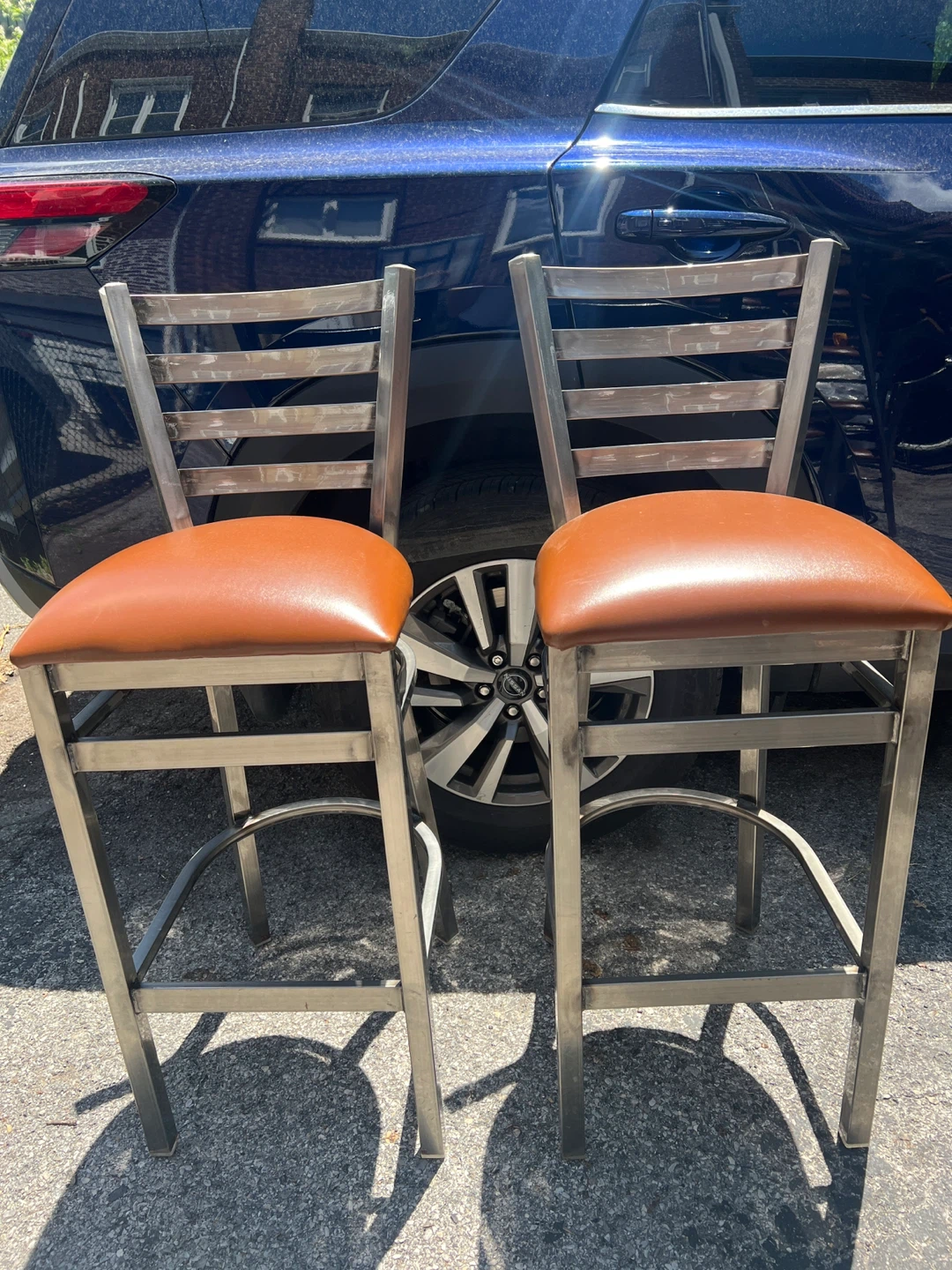 2 Metal Bar Stools with Brown Padded Seats