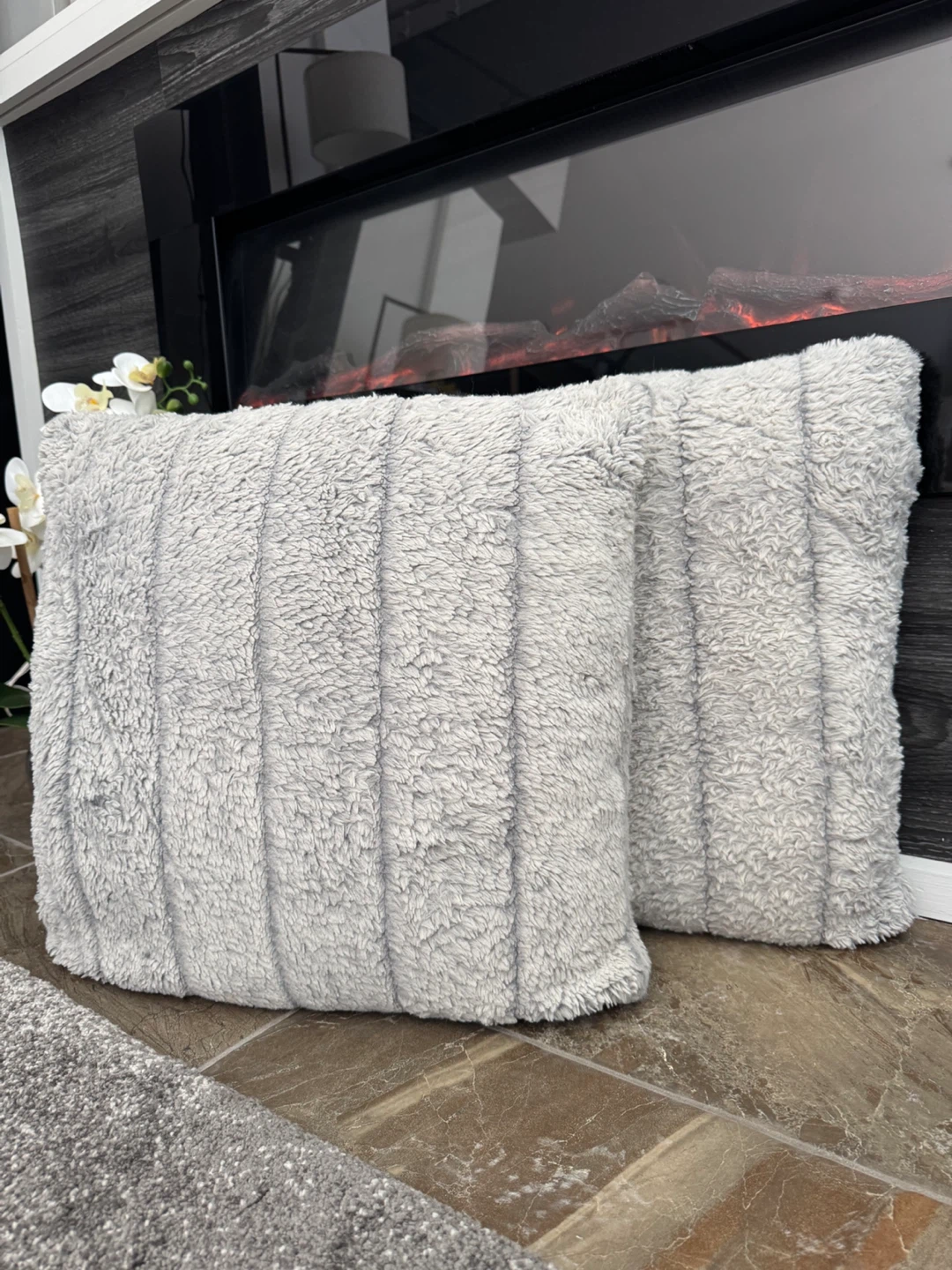 Fluffy grey accent decor pillows set of two