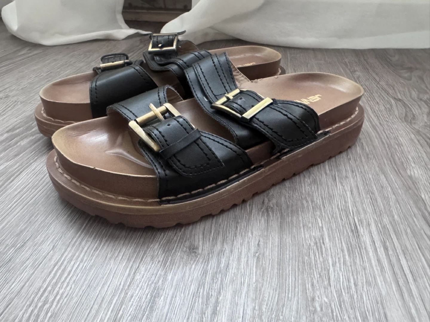 Jennika Black Double Strap Buckle Slides