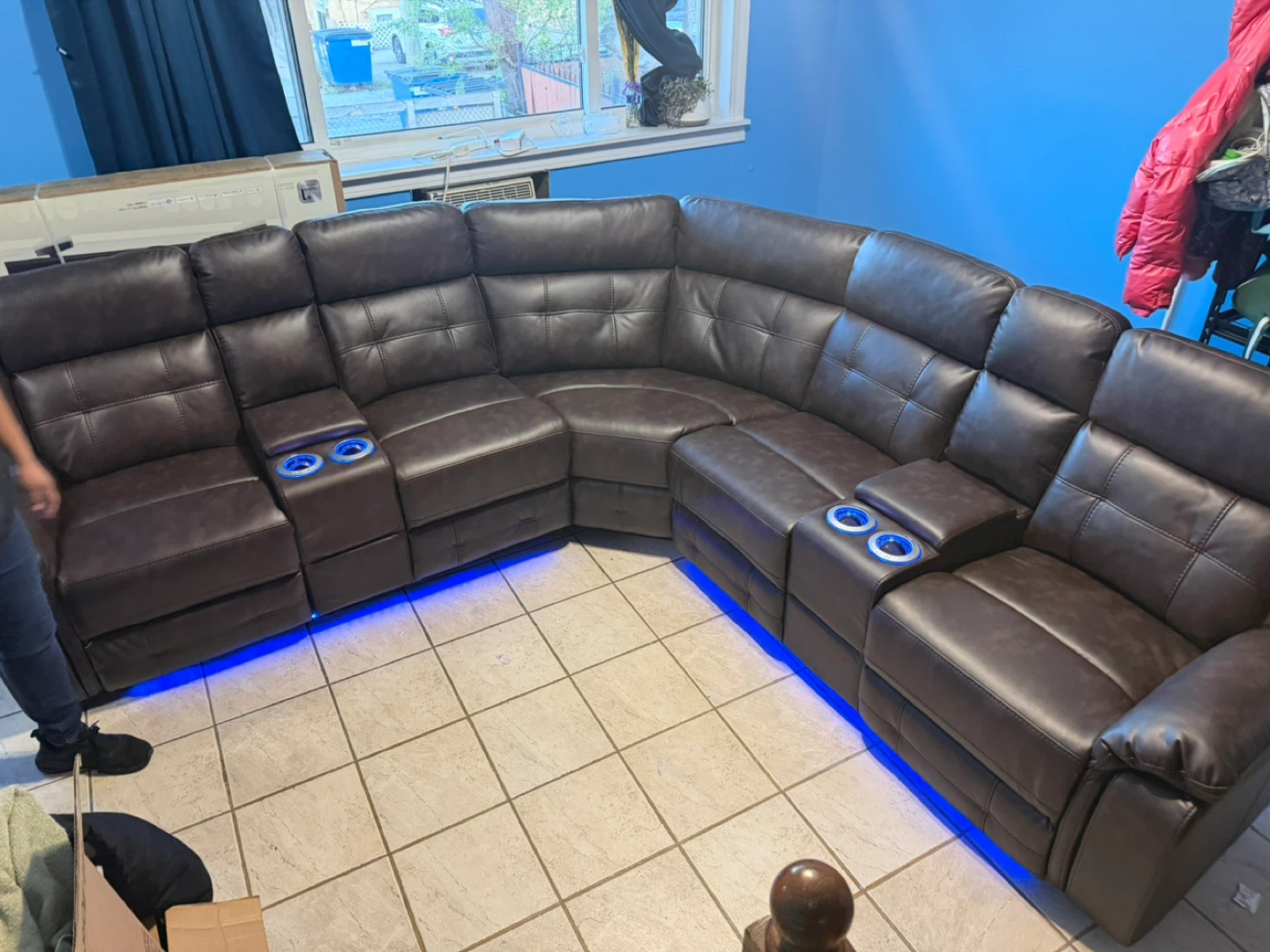 Brown Leather Sectional Sofa with Cup Holders and LED Lights
