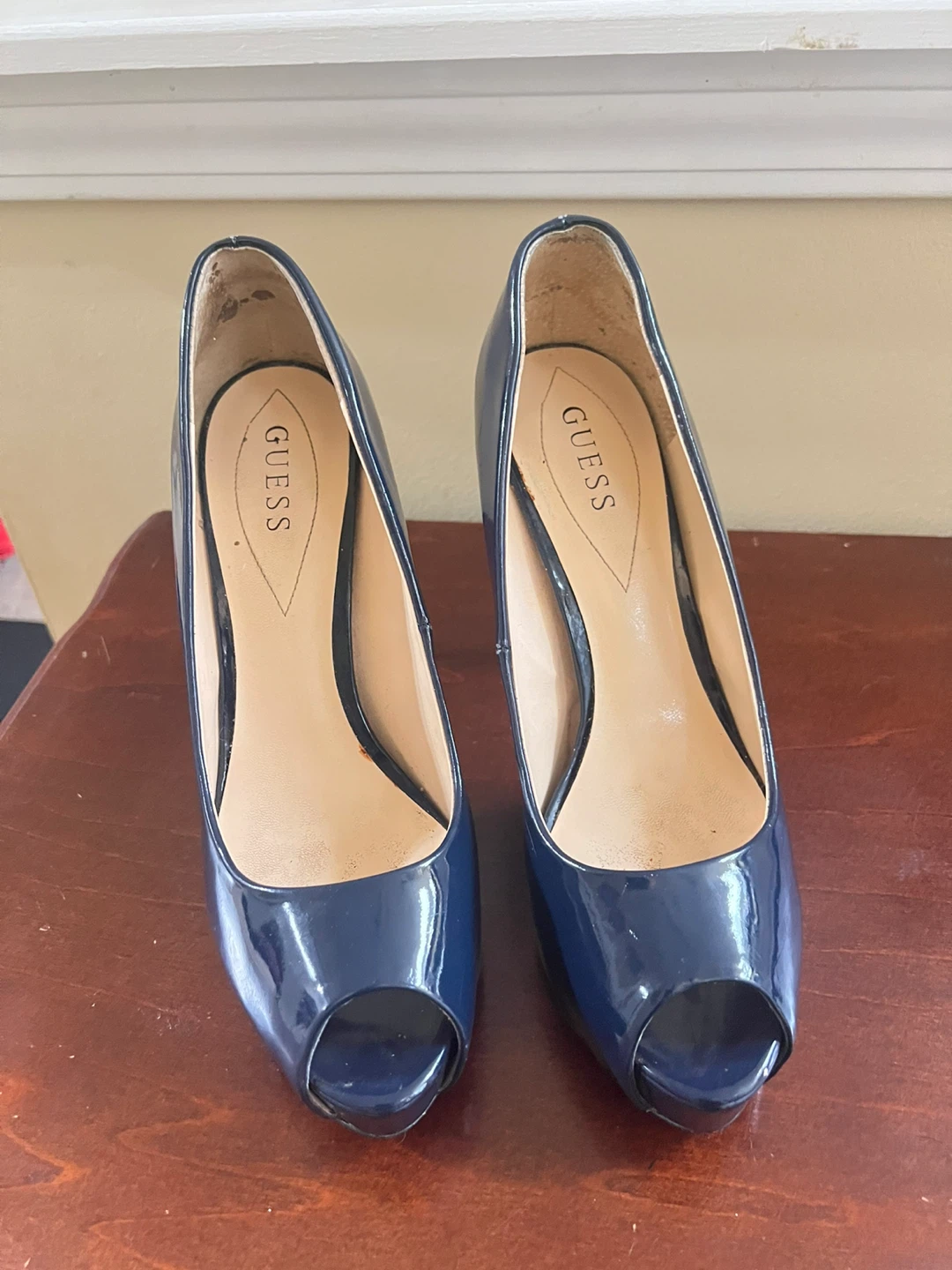 Guess Navy Blue Patent Peep Toe Heels